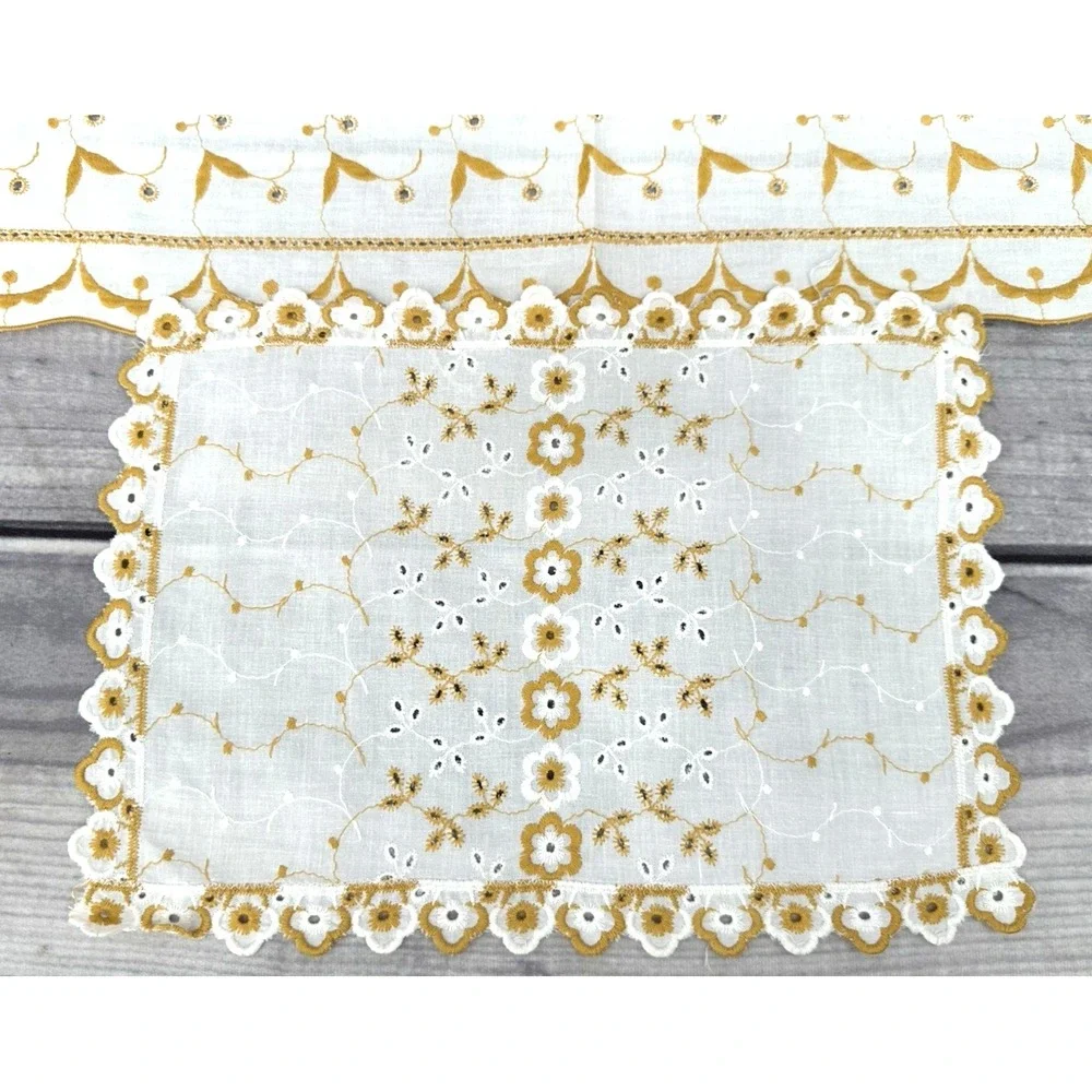 SET OF 2 VINTAGE EMBROIDERED EYELET TABLE / DRESSER SCARF - YELLOW GOLD‎    *15